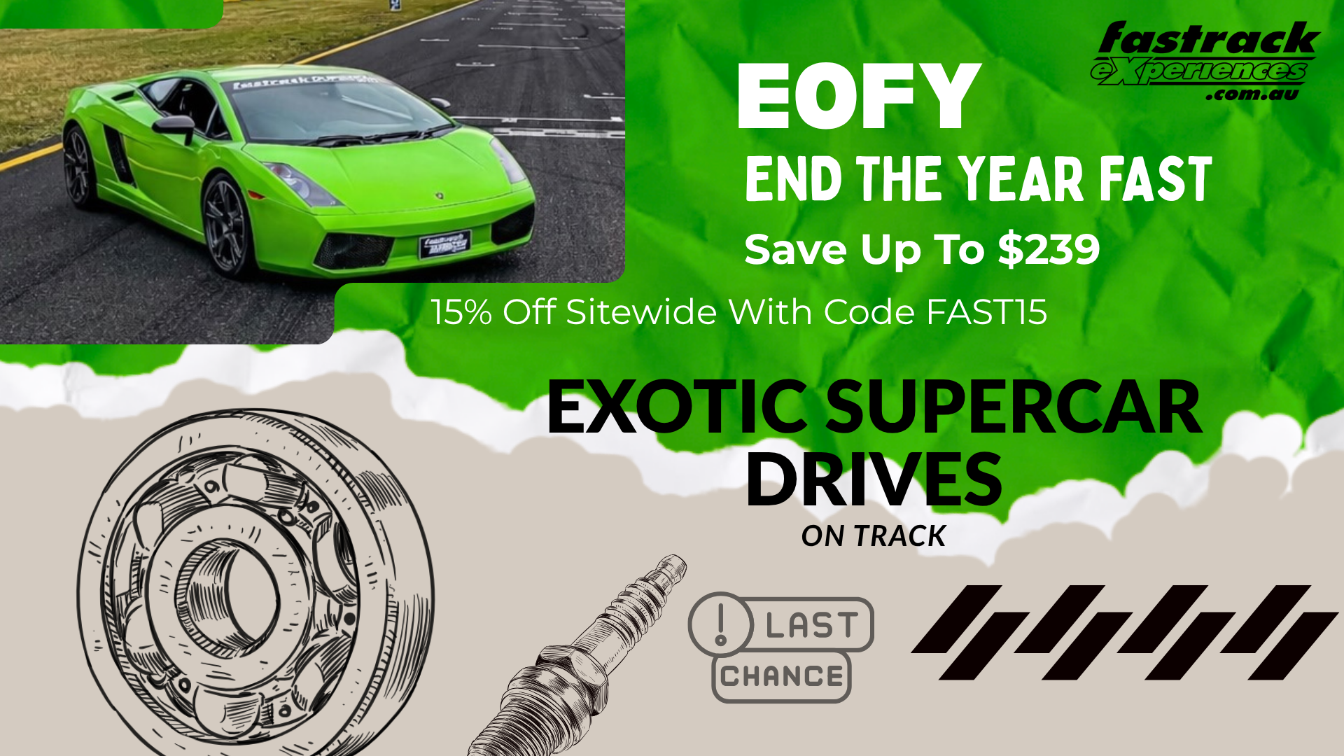 Promotional banner showing a lime-green Lamborghini on a racetrack with large white text about end-of-year savings and exotic supercar drives on track.