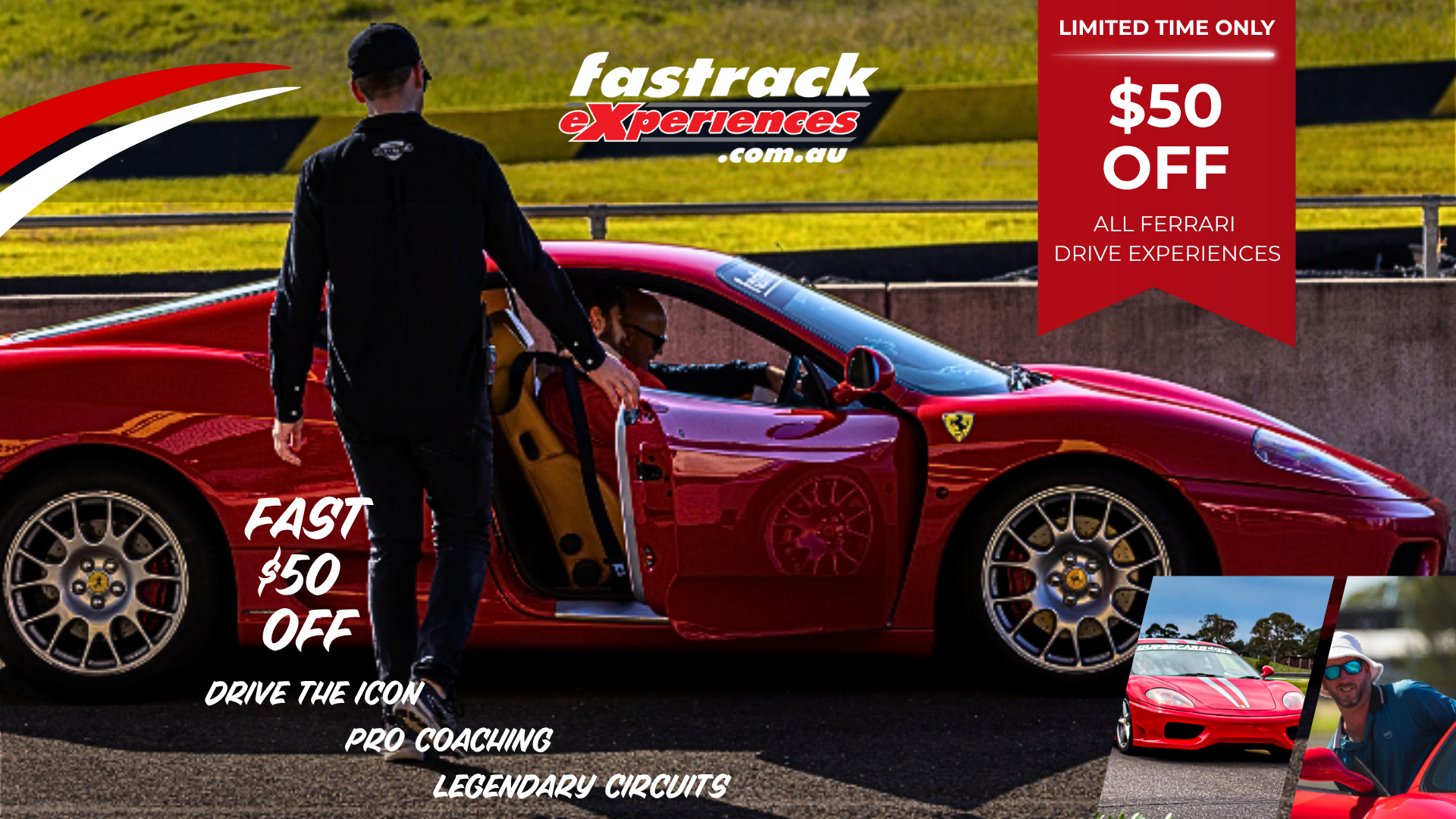 Red Ferrarri with open door on a race track; banner advertises $50 off Ferrari drive experiences.