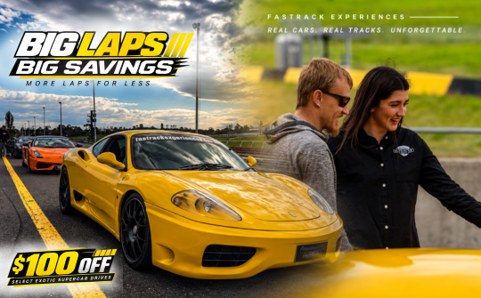 Promotional banner: yellow sports car on a racetrack with a smiling couple, featuring 'BIG LAPS, BIG SAVINGS' and '$100 OFF' signs.